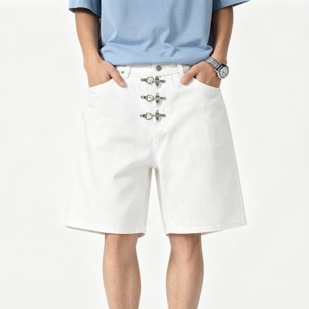 Metal Buckle Short Baggy Jeans - đánh giá và giá Street Fashion Jeans